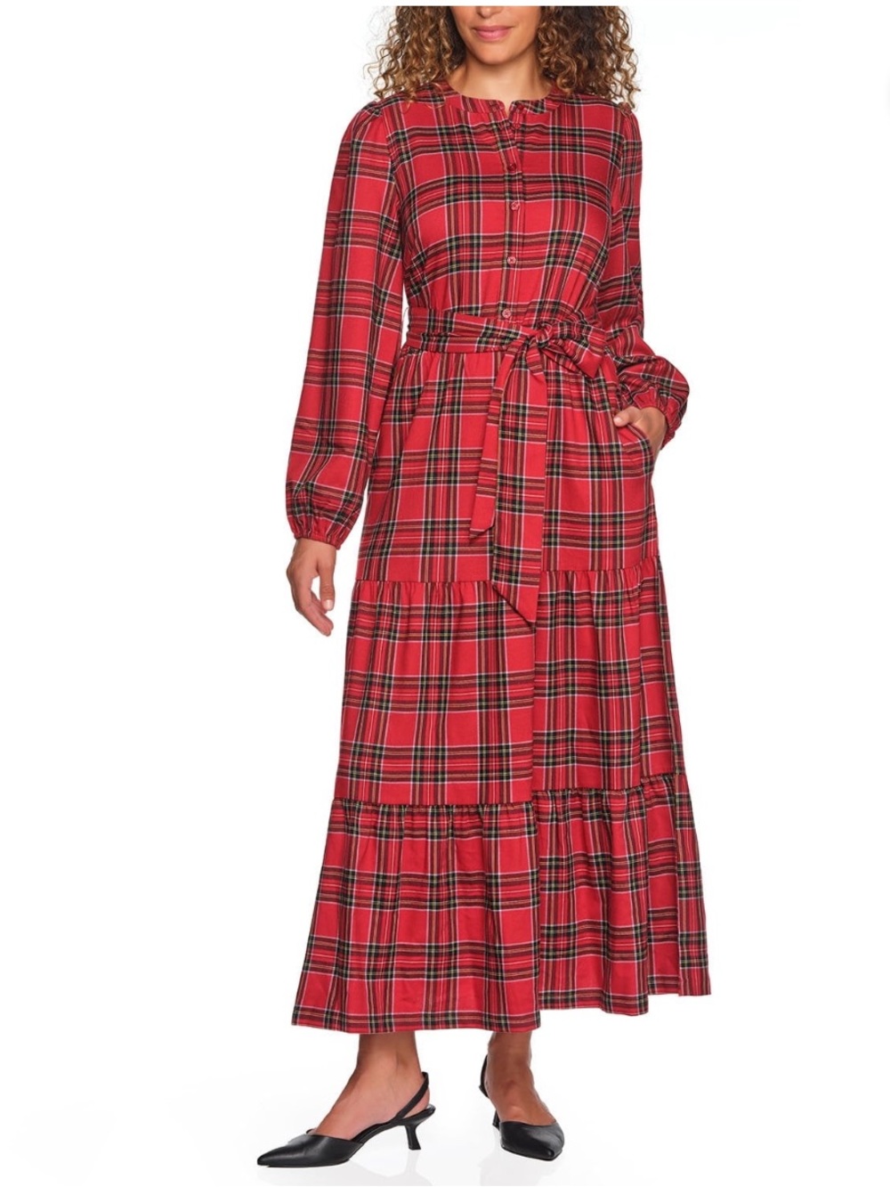 Lands End Tartan Plaid red Tiered Maxi Dress balloon sleeve belted holiday M L